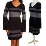prAna Sweater Dress Sydney Long Bell Sleeve Stripe Knit V-neck Black Gray Medium Photo 1