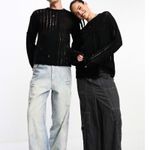 Reclaimed Vintage Sweater Sz M Grunge Whimsigoth Witchy Goth Unisex Black Holes Size M Photo 2