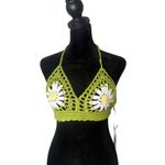 Cider  Crochet Daisy Halter Crop Bralette Top Size L Green Festival Hippie NEW Photo 3