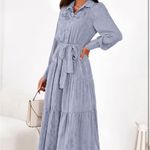 Dowerme Women's Long Sleeve Button Up Floral Print Belted Tiered Boho Maxi Dress Blue Size L Photo 7