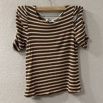 Who What Wear Who what‎ wear small White Mustard striped puff sleeve top Photo 0