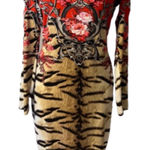 Roberto Cavalli  Red and Black Long Sleeve Silk Dress Photo 0