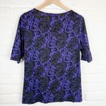 Ann Taylor  Baroque Print Black Purple Knit Top Short Sleeve Crochet Neckline S Photo 4