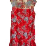 Boston Proper Red Floral Embroidered Midi Dress Flared Hem Sz 18 Mesh Overlay Photo 0