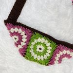 Retro Handmade Green & Pink Granny Square Floral Crochet Small Crossbody Purse Photo 5