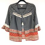 Xhilaration Cardigan Top Tie Bell Sleeve Geometric Boho Tassel Black Orange M Photo 0