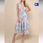 Lulus Perfectly Divine Blue Floral Tulle Tiered Ruffled Midi Dress large nwt Photo 10
