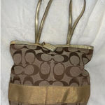Coach Signature Stripe Tote Bag Brown Gold Monogram Medium Women's Photo 0