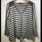 Adrienne Vittadini Women’s  V-neck Gray Striped Sweater, Lace Accent, Size Medium Photo 0