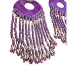 Vintage Purple Dyed Shell Dangle Earrings Silver Tone Boho 4.5" Estate Fringe Photo 1