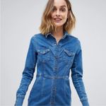 Free People  Dynamite Mini Dress in 70s Blue Denim Button Front Size Medium Photo 4