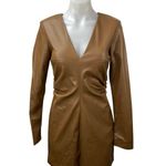 ZARA Women's Brown Faux Vegan Leather V-neck Long Sleeve Mini Bodycon Dress Sz S Photo 0