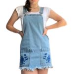 Forever 21 Women's Embroidered Floral Blue Denim Skirt Overall Pockets Sz Large Photo 1