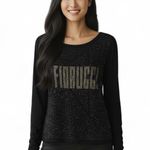 Fiorucci Crystal Rhinestone Logo Long Sleeve Top XS Black Sparkle Tee NWT Photo 0