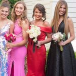 Dave and Johnny  Tomato Red Off-the-Shoulder Dress with beautiful, long train Photo 1