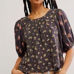 Free People Chloe Printed Top Washed Black Floral Large NWT Cottage Bow Gauze Photo 2