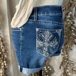 Love Indigo Blue Denim Shorts Size 6 Cross Embroidery Rhinestones Cuffed Photo 7