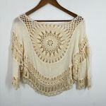 Bohemian Crochet Lace Top Cream Bell Sleeve Fringe Boho Festival Tan Size M Photo 4