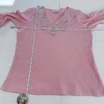 Quacker Factory  Pink Floral Embroidered Rhinestone 3/4 Sleeve Knit Top MEDIUM Photo 7