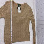 Ralph Lauren Lauren  Gold Metallic Silk Blend V-Neck Cable-knit Sweater Size L Photo 9