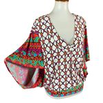 Trina Turk  Geometric Print V Neck Short Sleeve Blouse Boho Retro Top Small Swim Photo 1