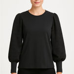 Evereve Shirt Womens XS Black Puff Sleeve Lace Contrast Knit Top Pullover Photo 0