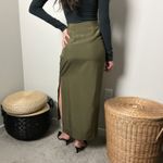 Ann Taylor 90s vintage olive green silk minimalist high waisted slit maxi pencil skirt Photo 3