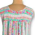 Vintage 80s Dress Colorful Fruit Floral Red Gingham Checkered Tropical Print Blue Size M Photo 5