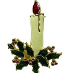 Candle Stick Holly Leaves Berries Christmas Pin Brooch Holiday Wear Vintage Photo 0