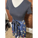 Eshakti  Fit n Flare Bird Print Dress Size 0 XS black navy blue tie belt Photo 2