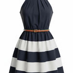 Eliza J Navy White Striped Halter Fit & Flare Dress 10 NWT w/ Belt Nautical Photo 0