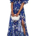 Topshop  Bardot Blue Floral Print Off the Shoulder Maxi Dress Size 8 Photo 0