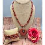 None Artisan 2 Piece Set Red Jasper Natural Stone Pendant Necklace & Wrap Bracelet Photo 1