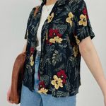 vintage boho palm frond earth tone button down top shortsleeve floral size m/l Tan Size M Photo 3