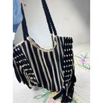 Striped Fringe Tote Bag Bohemian Purse Black Cream Woven Rope Handles Photo 3