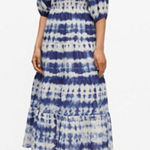 Mango MNG Dress Womens 10 Blue White Tie Dye Midi Boho Short Sleeve Waist Tie Tiered Photo 0