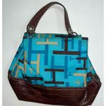 Tommy Hilfiger Tote Bag Purse Handbag Turquoise Blue Brown Signature Print Photo 2