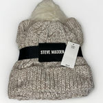 Steve Madden Taupe Cable Knit Beanie Hat & Scarf Set Faux Fur Pom One Size NWT Photo 0