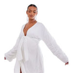 Pretty Little Thing Maternity White Sequin Wrap Robe Dress Mini Blouson Sleeves Sparkle Party sz 12 Photo 0