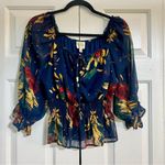 Anthropologie Fig and Flower Navy Floral Sheer Peasant Blouse Boho Top Medium Blue Photo 2