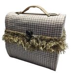 Vtg 1960s MCM Ivory Tweed Fabric Covered Fringe Top Handle Latch Wooden Box Bag Tan Photo 0