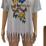 Costa Rica Gray Tee Shirt with Butterfly Print and Beaded Fringe Womens Large Photo 1