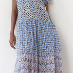 ZARA Blue Brown Cream Patterned Patchwork Dress Keyhole closure tiered Photo 0