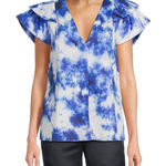 Jason Wu Blue Abstract-Print Flutter-Sleeve Blouse Button Up V-Neck Top Size 0 Photo 0