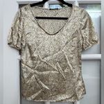 Josie Natori 100% Silk Cream & Gold Puff Sleeve Scalloped Neck Blouse Size XS Photo 0