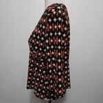 Apostrophe Red Black Geometric Plisse Pleat Long Sleeve V Neck Blouse Large Y2K Photo 2