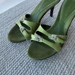 Vintage Nine West Lime Green Satin Rhinestone Buckle Kitten Heels Mules Slides 7 Photo 5
