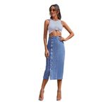 NWT Women’s High Waisted Button Front Denim Midi Skirt Large Blue Photo 2