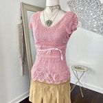 it's our time Early 2000's Whimsical Coquette Baby Pink Short Sleeve Crochet Babydoll Top S M Photo 3