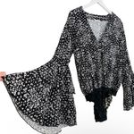 Free People  Ditsy Floral Black Lace Bodysuit Dramatic Ruffle Bell Long Sleeve M Photo 4